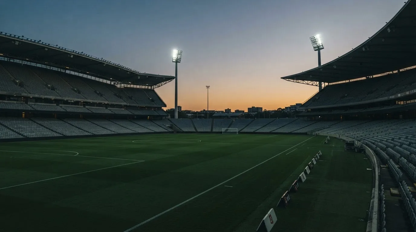 An empty football stadium with floodlight masts at dusk