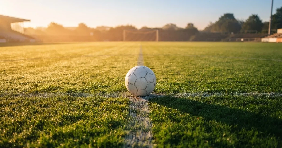 A ball on the centre spot of a grass pitch in morning light