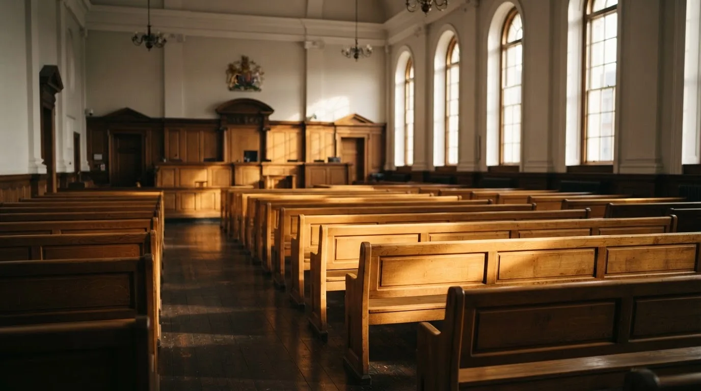 An empty courtroom with wooden benches in morning light