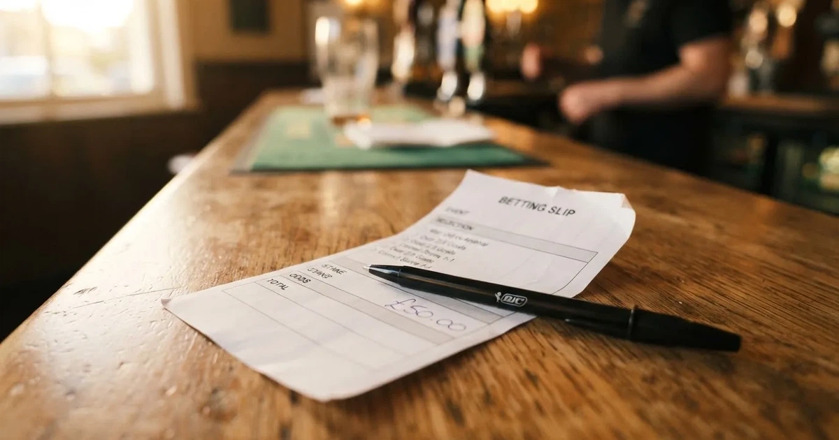A blank paper betting slip beside a pen on a wooden counter