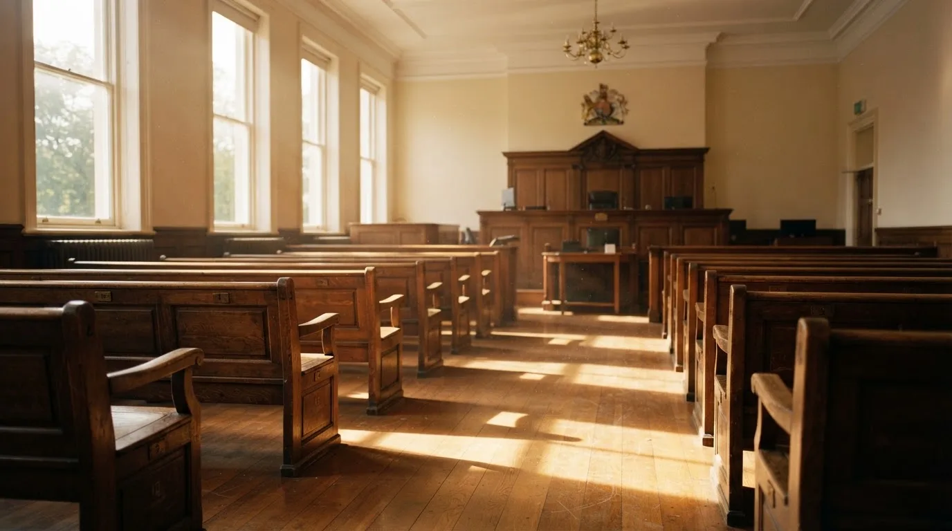 An empty courtroom with wooden benches in morning light