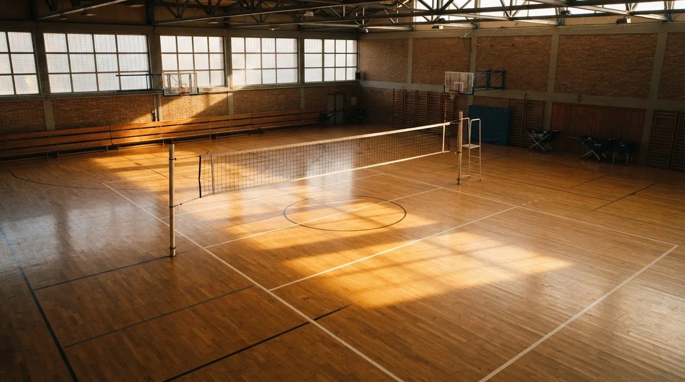 An empty courtroom with wooden benches in morning light