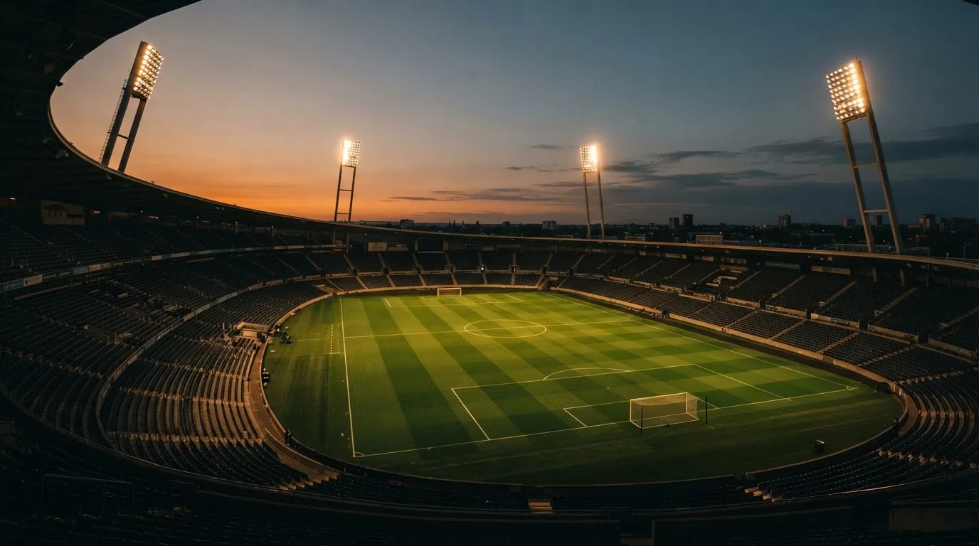An empty football stadium with floodlight masts at dusk