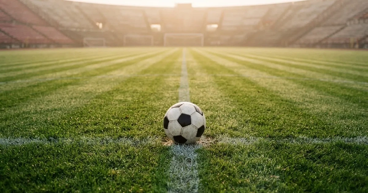 A ball on the centre spot of a grass pitch in morning light