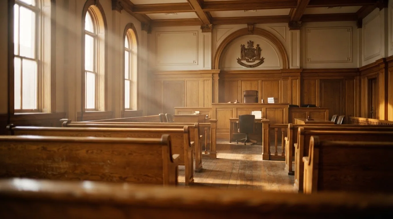 An empty courtroom with wooden benches in morning light